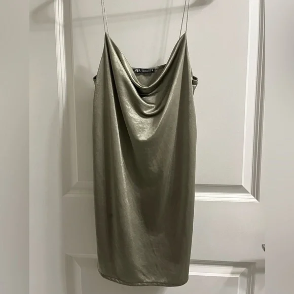 Zara | Dresses | Zara Satin Mini Dress S Olive Green | Poshmark